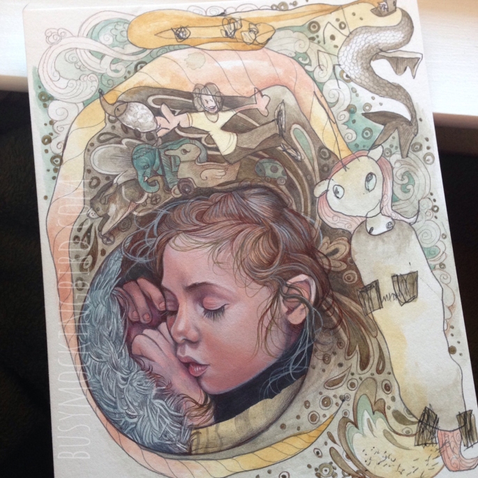 A dreaming Myla (on mixed media board).