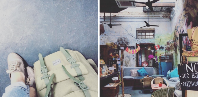 Left: If you could fit your life into a backpack, what would you put inside? Right: A coffee shop in the old town of Ipoh, Perak, Malaysia.