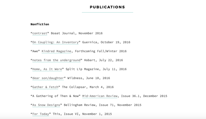 Melissa's publications page, organized as a simple list of links.