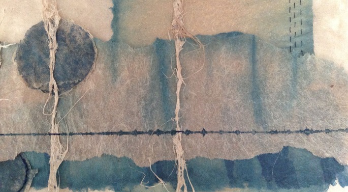 Listening to Birdsong (detail). Screen print  stitching on indigo-dyed banana paper, by Heather. 